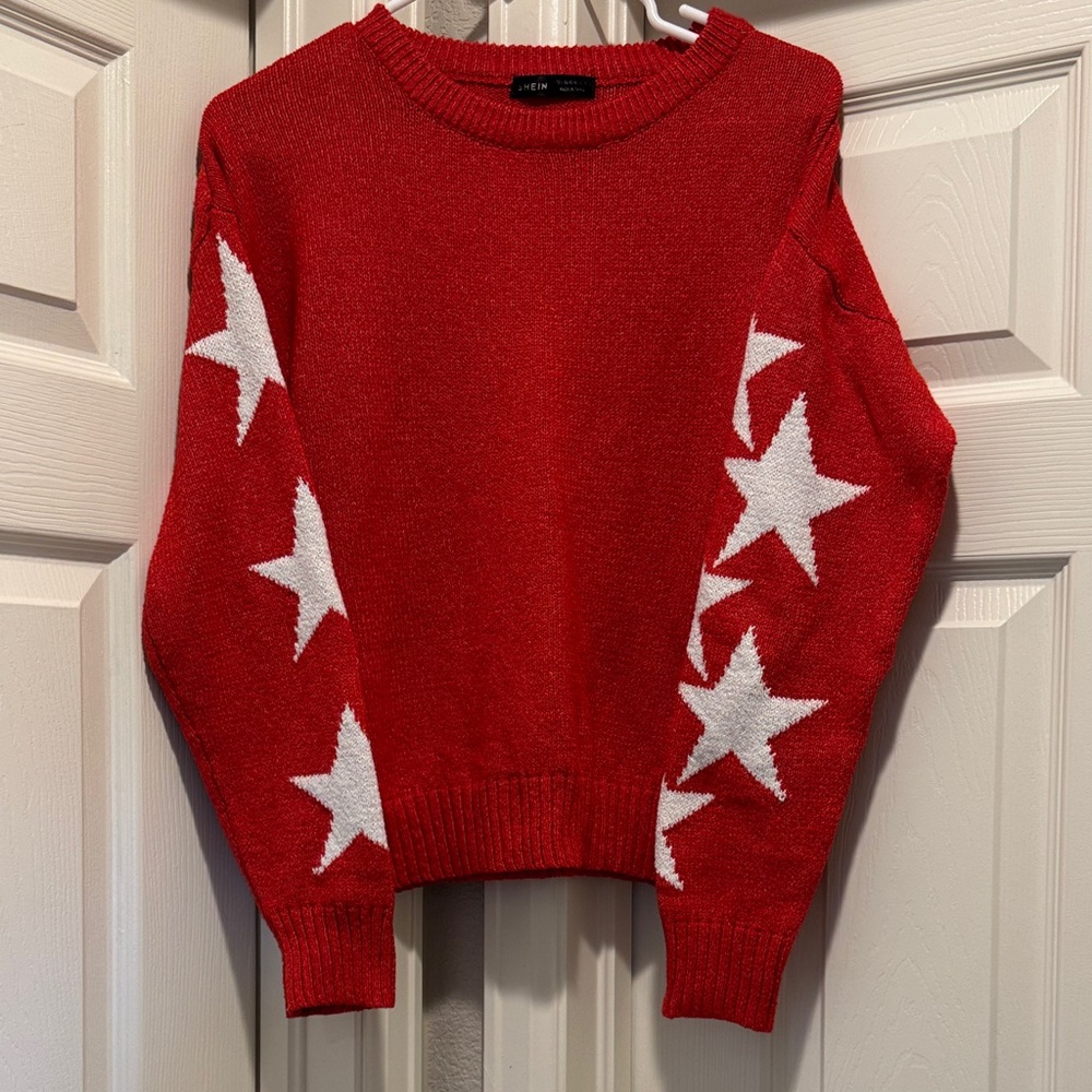 SHEIN Red Crewneck Sweater with White Star Sleeve Accents